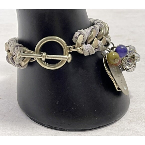 Gray Braided Leather Stainless Steel Cuban Chain Women’s Charm Love Bracelet - Picture 7 of 8